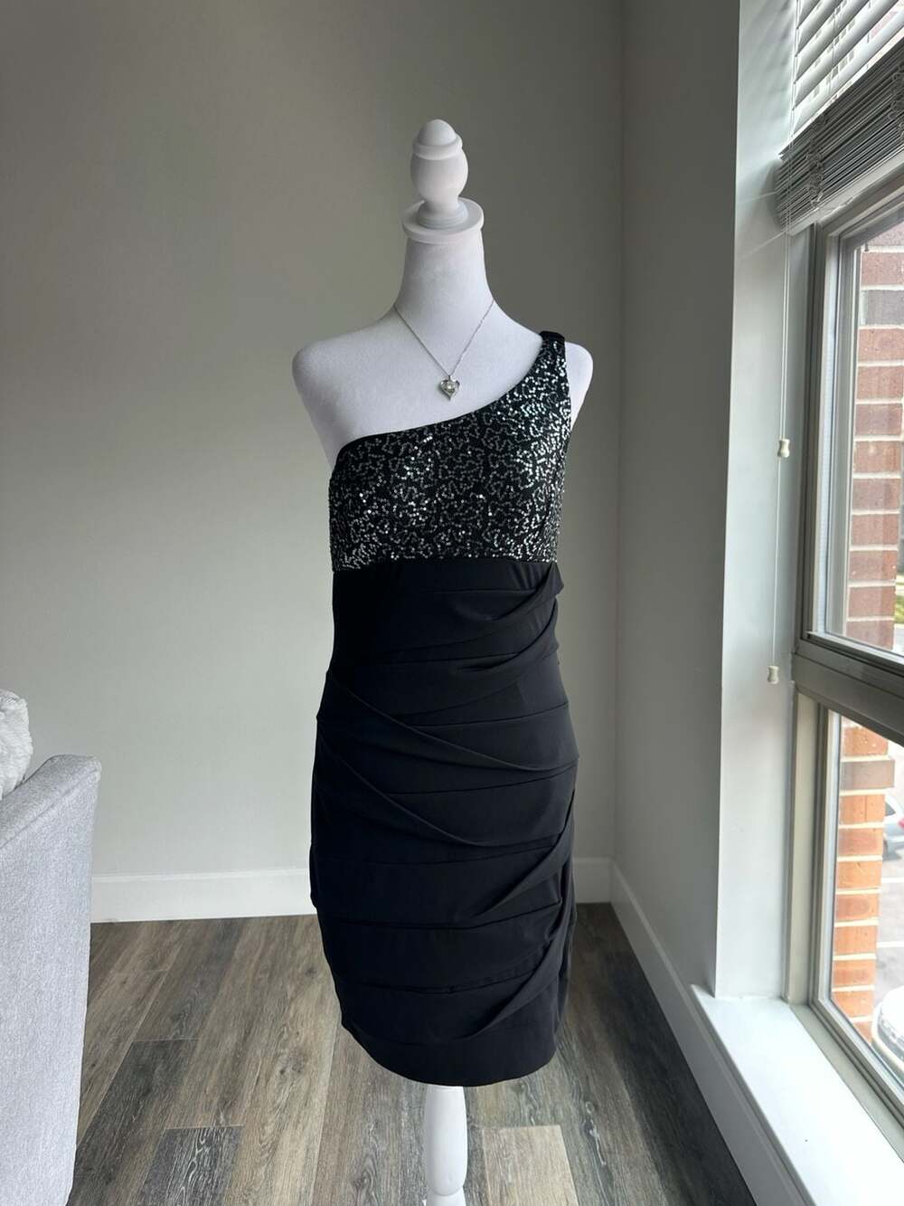Y2K Ruby Rox Black Sequin One-Shoulder Ruched Bodycon Mini Dress - Size Large